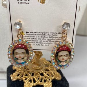 Frida Khalo drop style dangling earrings with
rhinestones